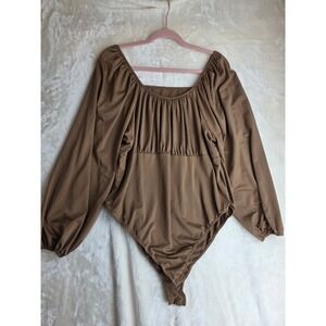 CURVZY Long Sleeve Square Neck Bodysuit Brown Ruched Front Snap Closure 3XL